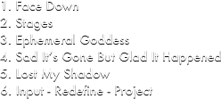 Face Down
Stages
Ephemeral Goddess
Sad It’s Gone But Glad It Happened
Lost My Shadow
Input - Redefine - Project