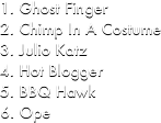 Ghost Finger
Chimp In A Costume
Julio Katz
Hot Blogger
BBQ Hawk
Ope